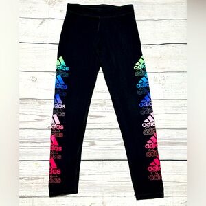 Adidas girls Medium 10/12 black multi-color logo linear pull on leggings pants